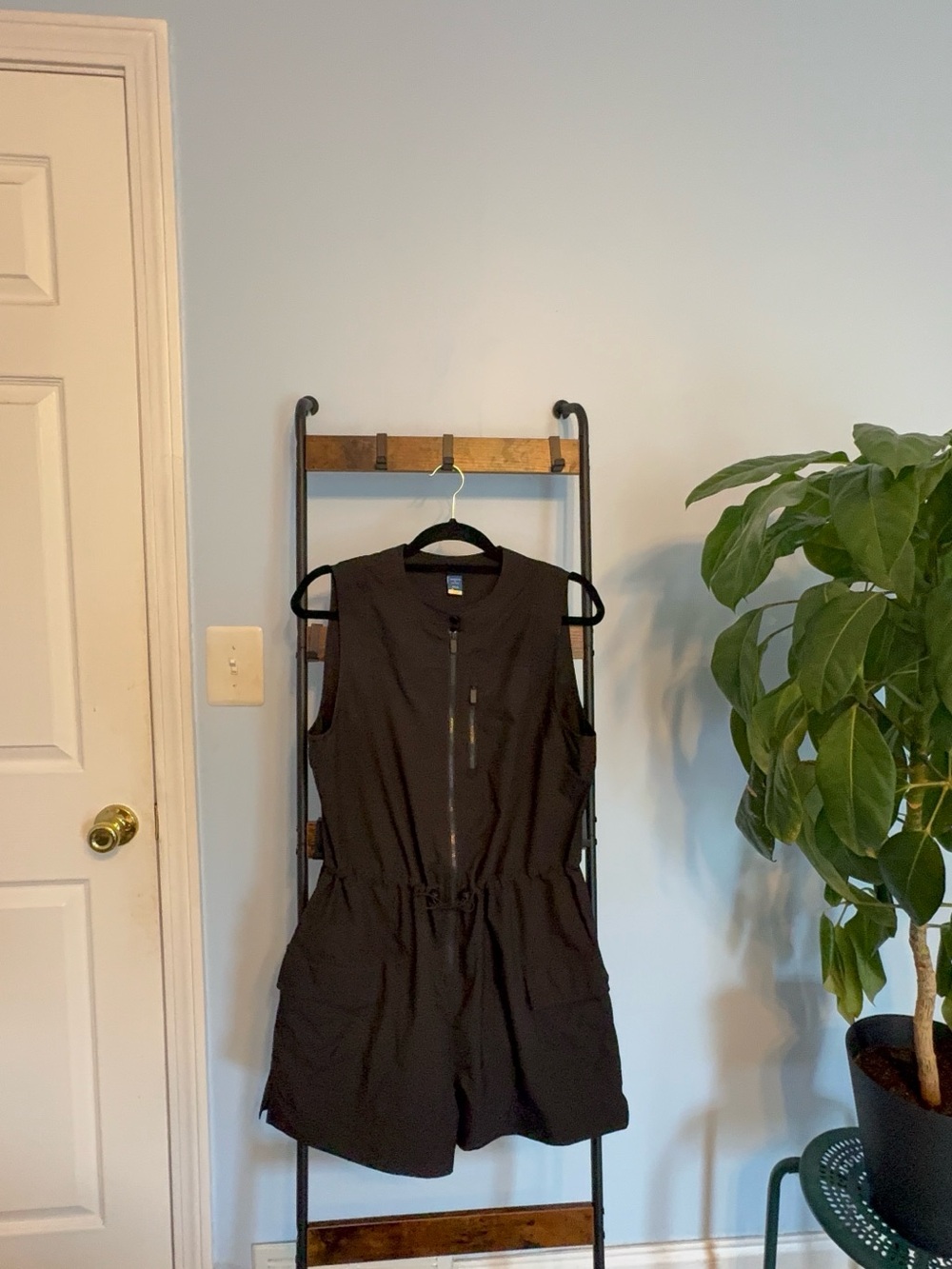 Black Sleeveless Zip-Front Utility Romper